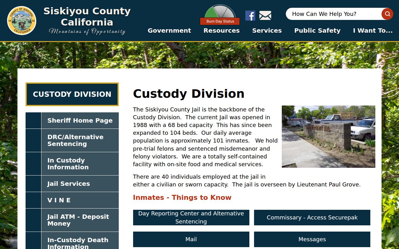 Siskiyou County arrest records Custody Division overview