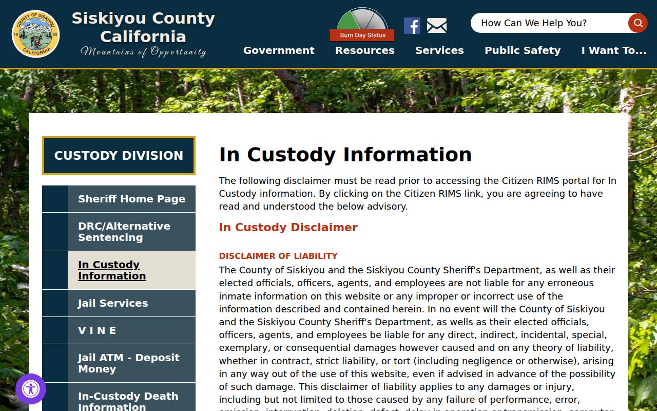 Siskiyou County arrest search in-custody information disclaimer