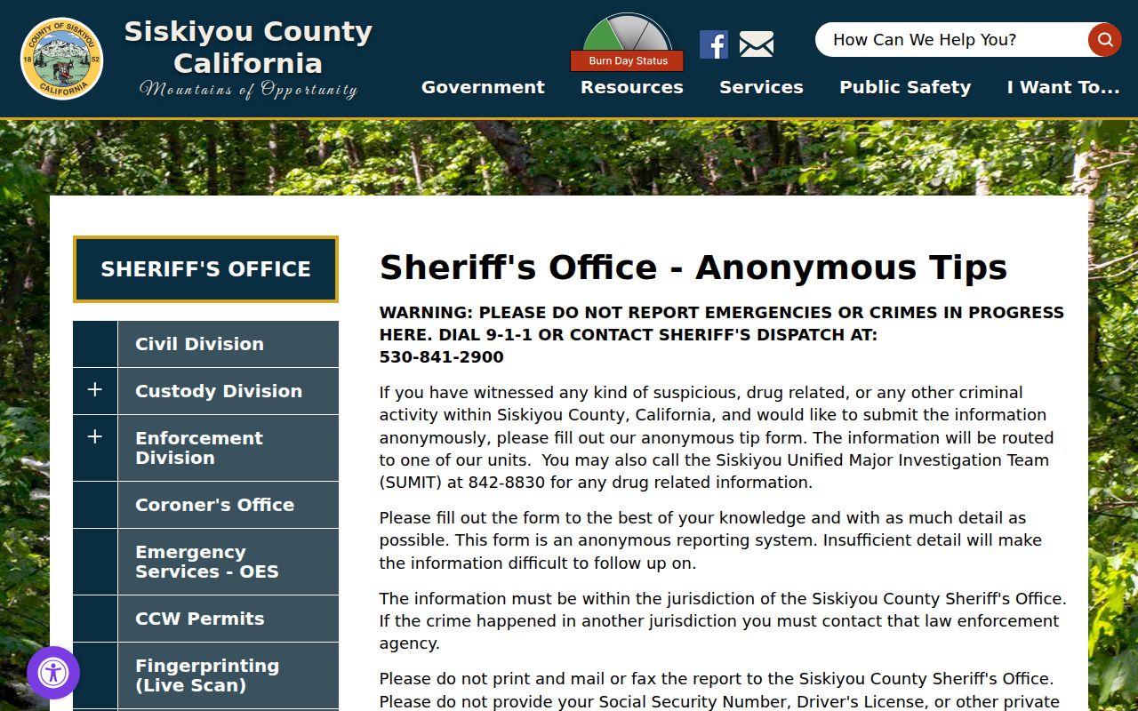 Siskiyou County arrest information sheriff anonymous tip form