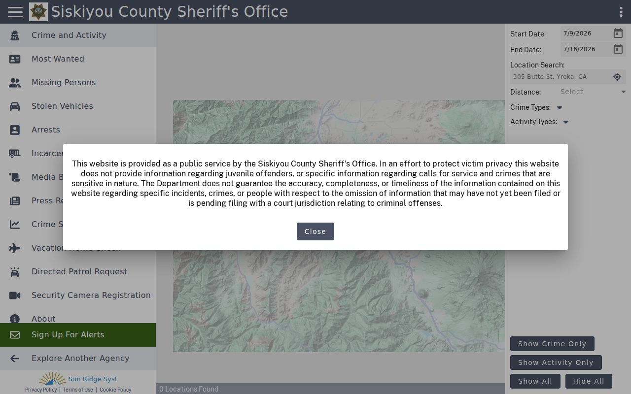 Siskiyou County arrest search Citizen RIMS portal