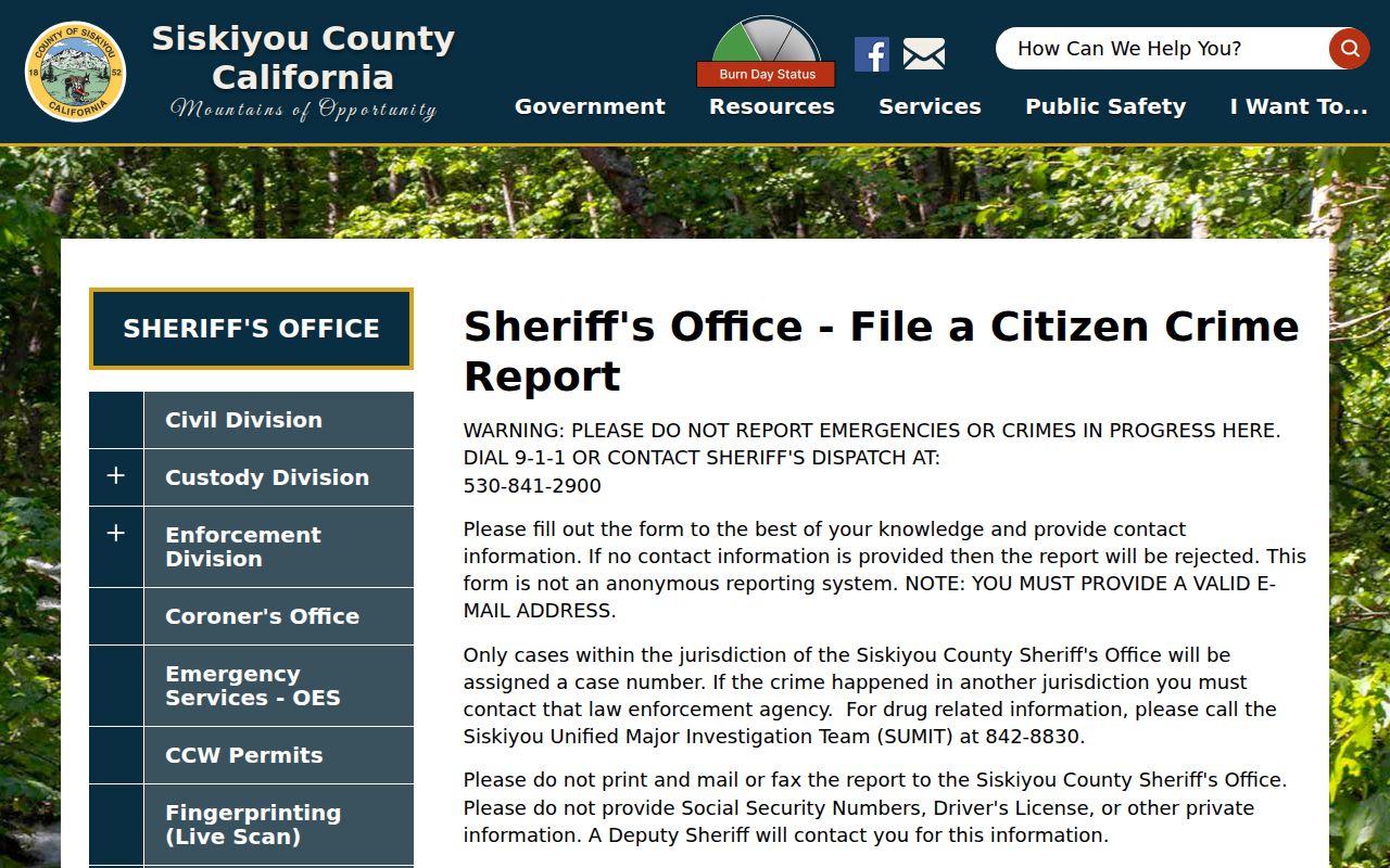 Siskiyou County arrest records sheriff citizen crime report form