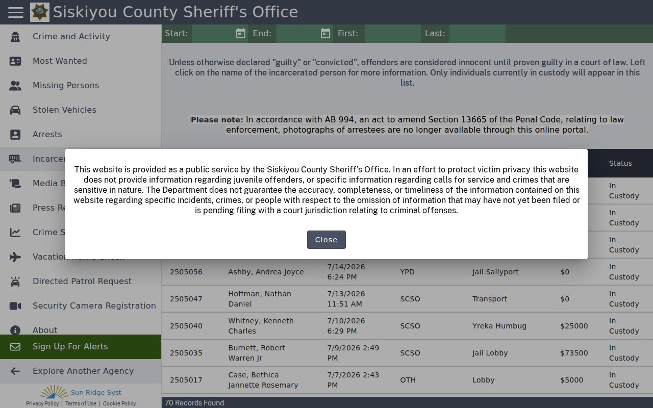 Siskiyou County arrest records current in-custody list