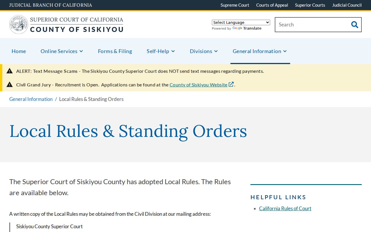 Siskiyou County criminal court case local rules and standing orders