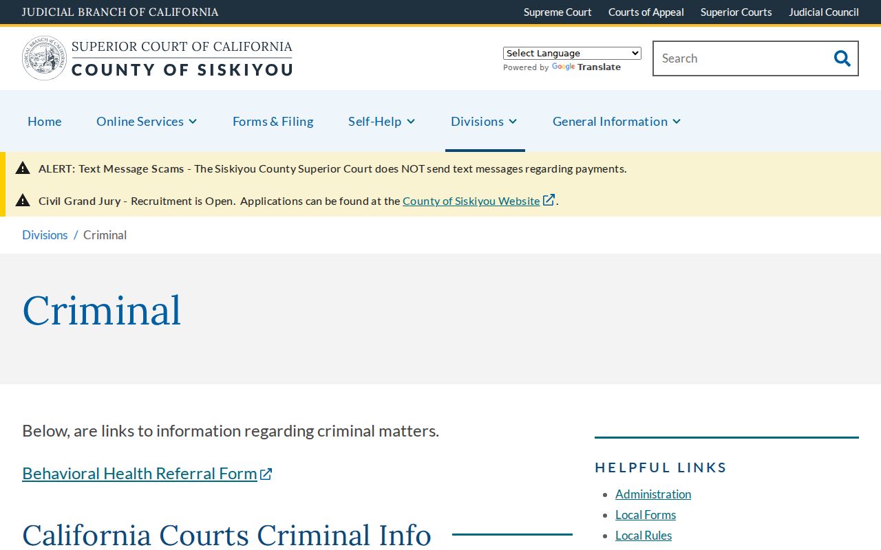 Siskiyou County criminal court case division