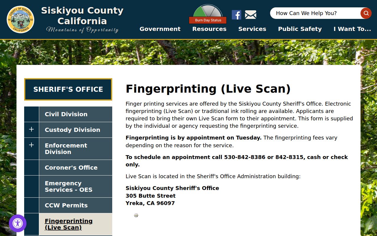 Siskiyou County criminal history sheriff Live Scan instructions